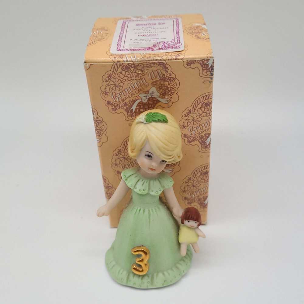 VTG 1981 Enesco Growing Up Birthday Girls Age 3 Blonde Figurine Box Tag E-2303